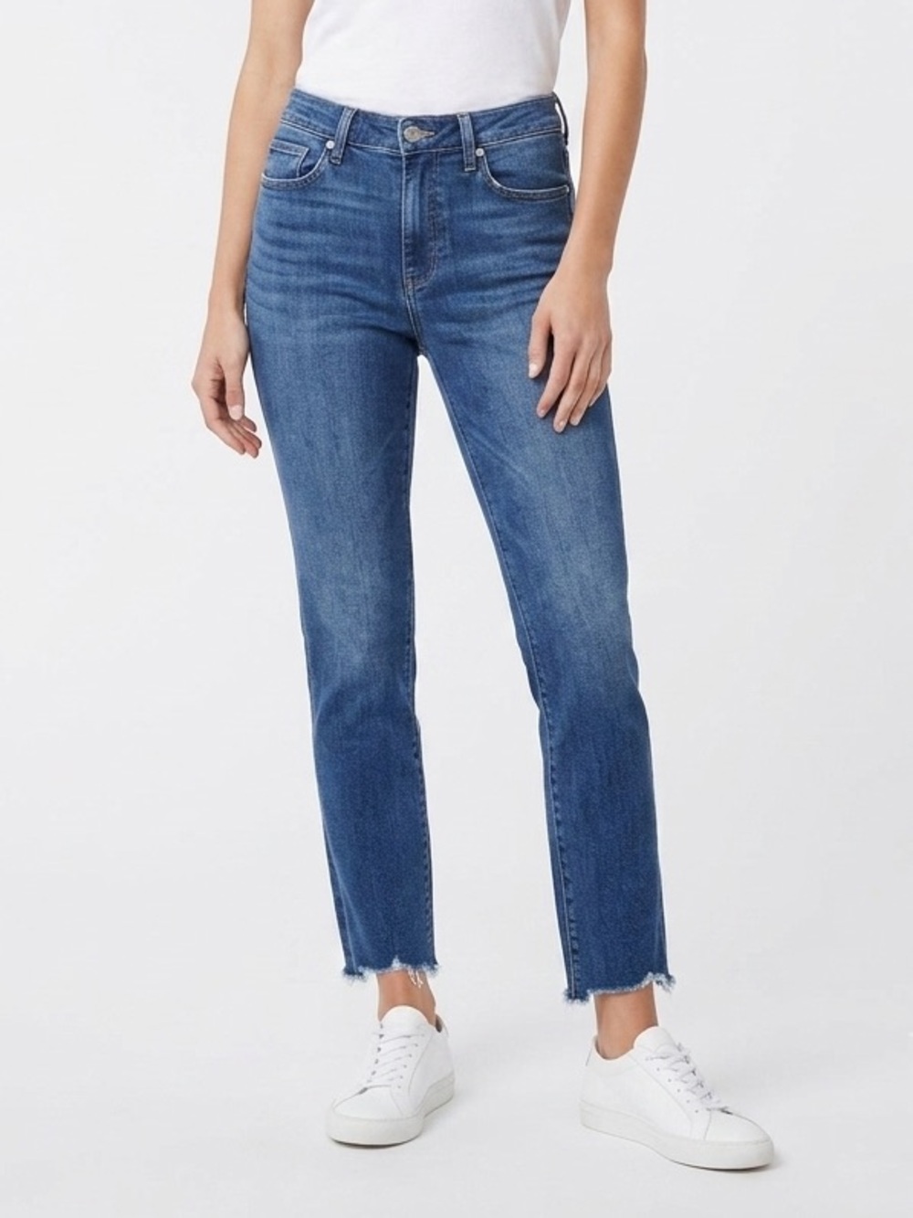 PAIGE Cindy High Rise Straight Leg Raw Hem Jeans Blue Wash Size 28